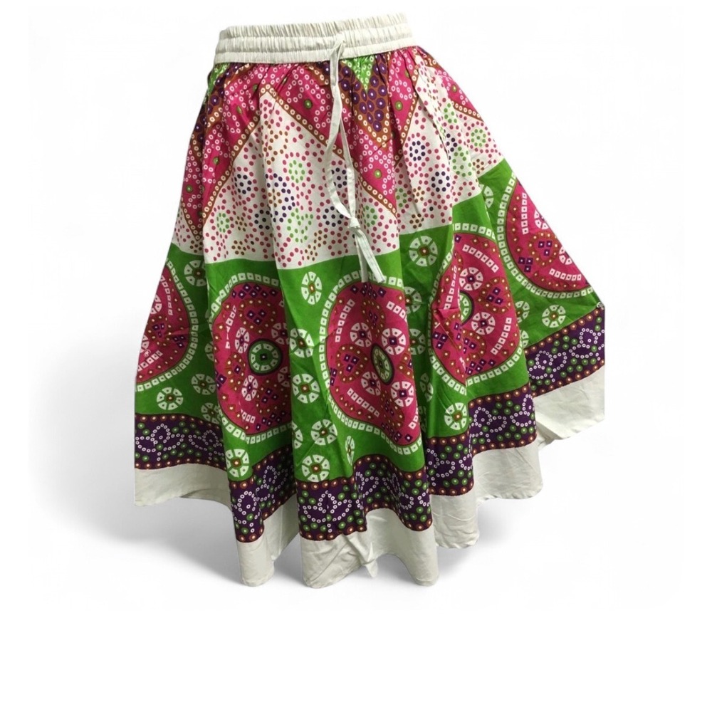 One Size Cotton Midi Skirt Pink Green Boho Drawstring whimsi festival resort y2k